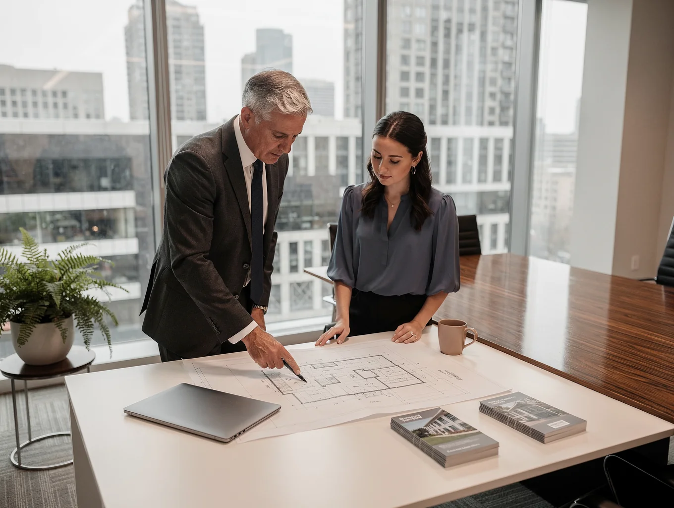 Architectural drafting desk with real estate agreement paperwork and modern Toronto cityscape framing