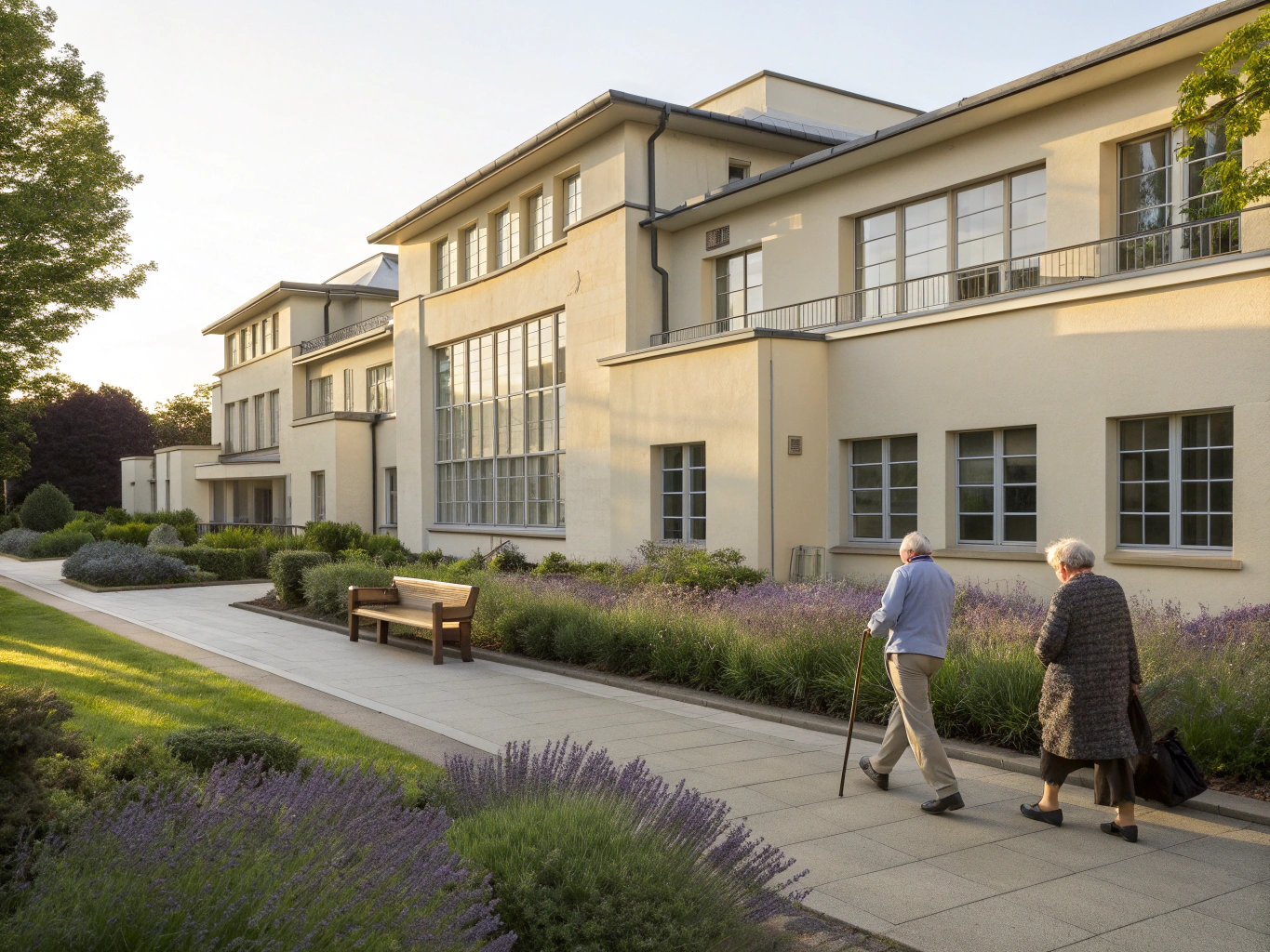 Manicured residential grounds and architectural condominium exterior
