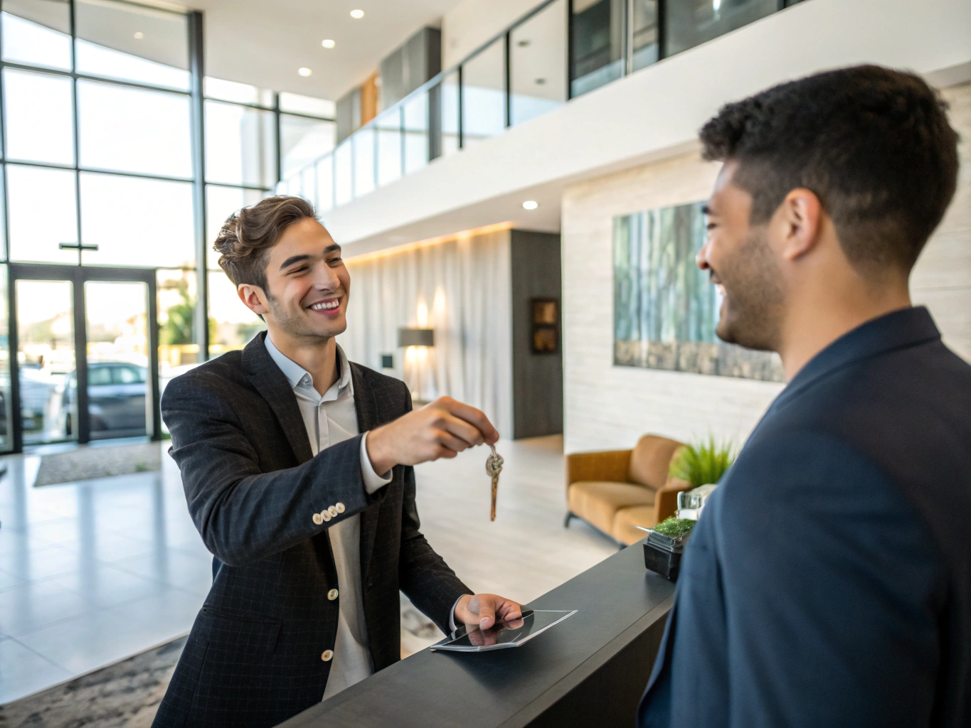 Key handover across a sleek modern Toronto condominium kitchen counter