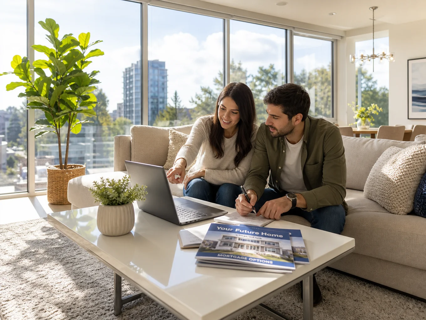 Couple viewing a sunlit modern residential interior in Toronto