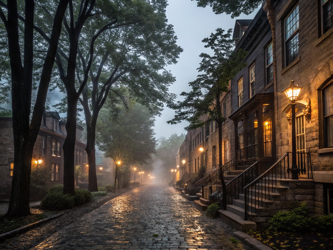 Toronto neighbourhood residential streetscape at dusk