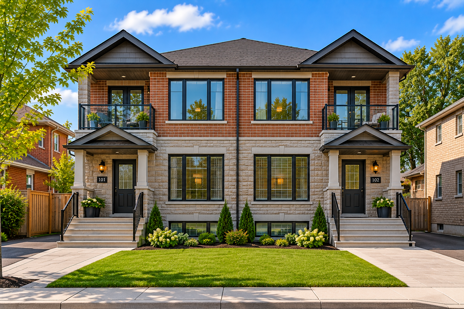 Symmetrical two-toned paired duplex home facade